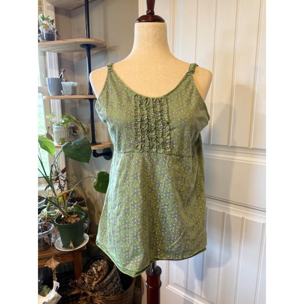 Womens Green Floral Ruffle Tank Top XL‎